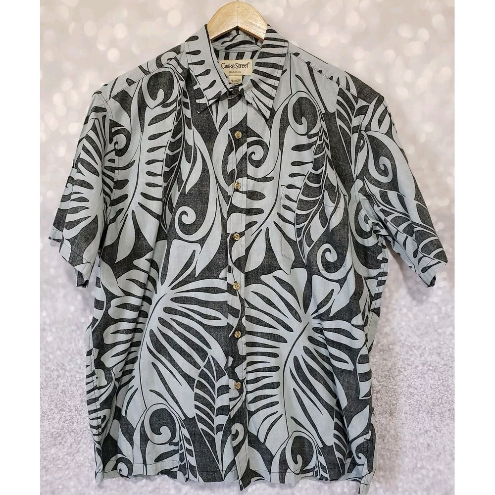 Cooke Street Hawaiian Shirt Large Reverse Print Tropical Leaves Grey Black